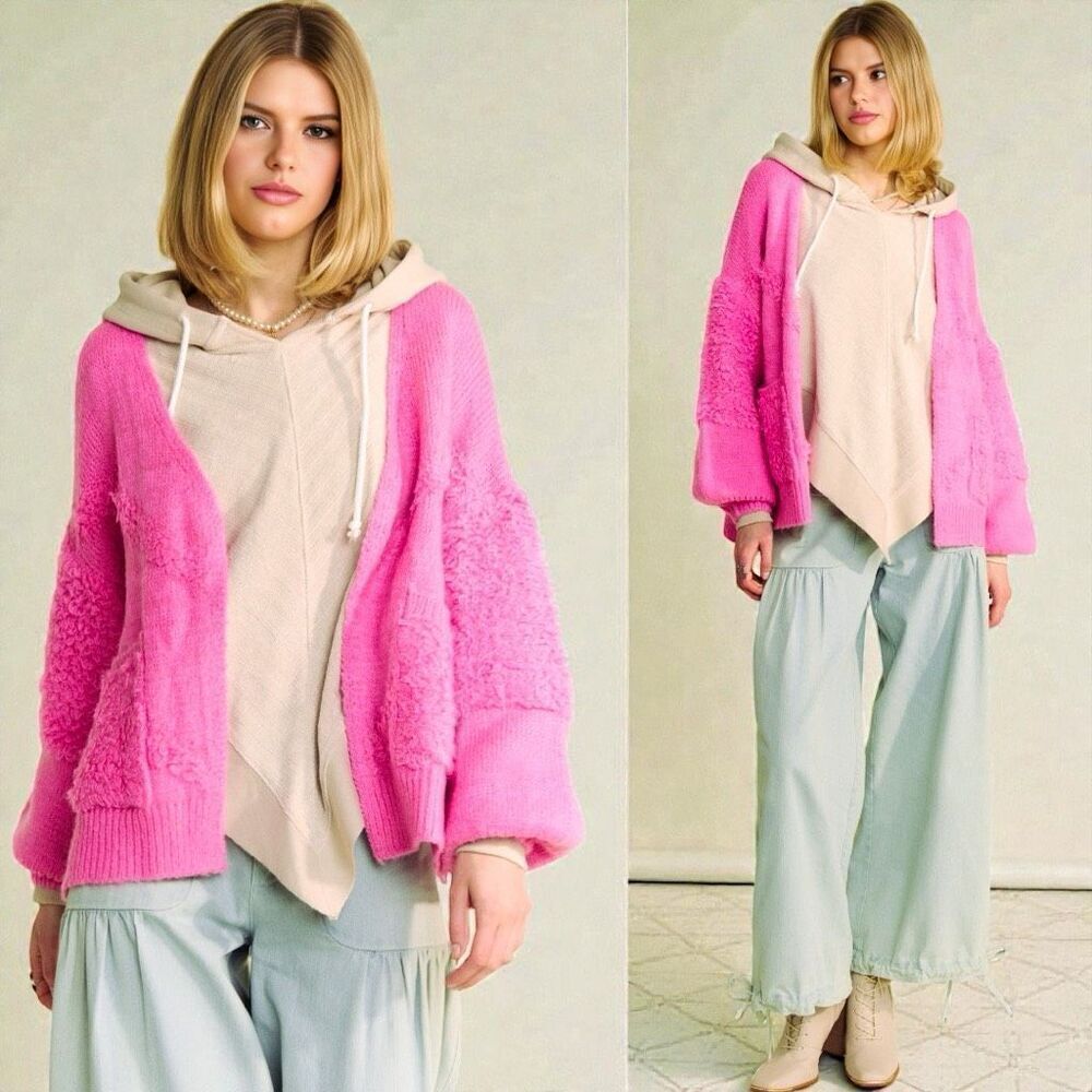 Pink Side Slit Open Front Cardigan Size Large NEW - Davi & Dani - Picture 4 of 14
